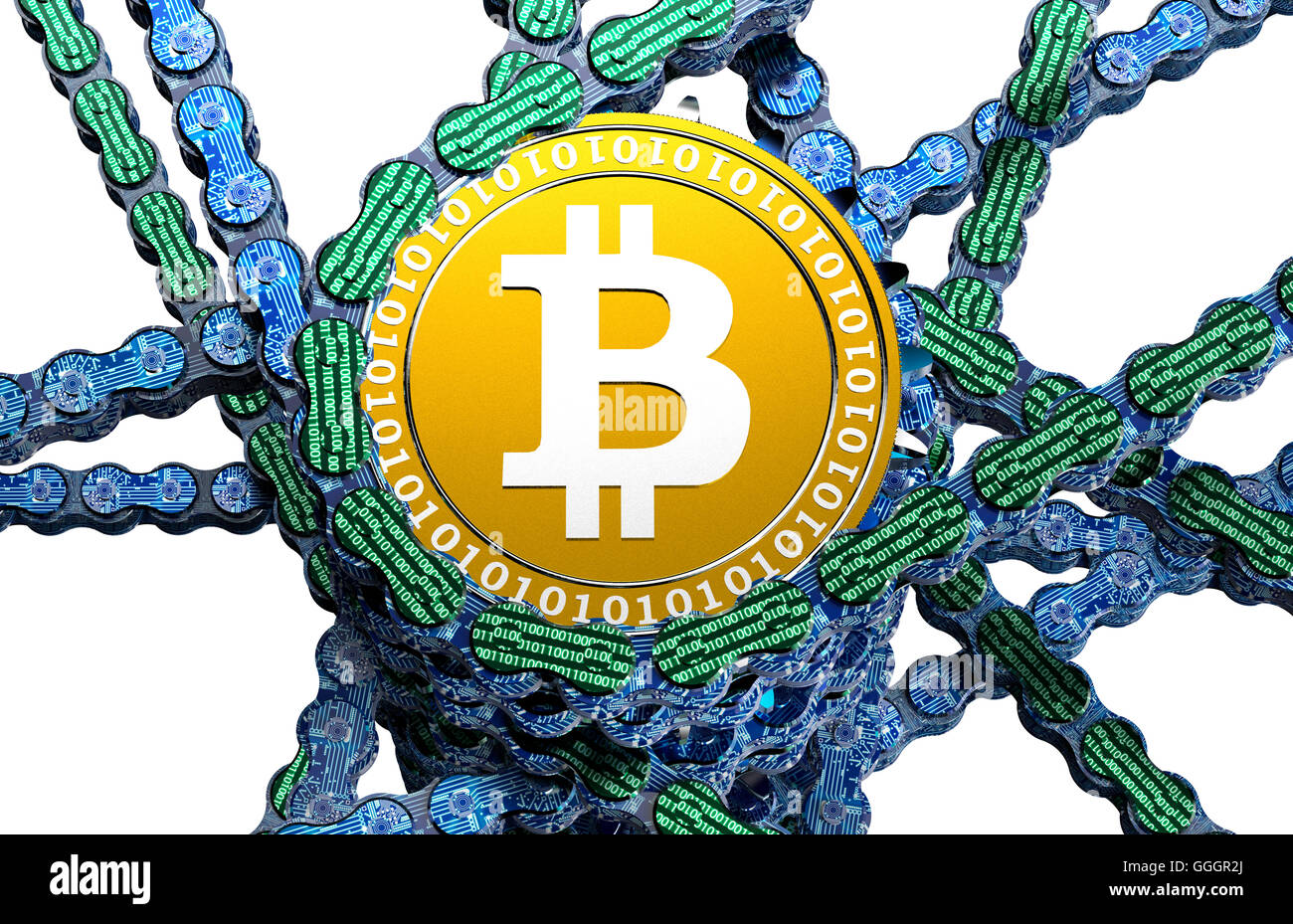 Blockchain avec ordinateur de bitcoin, 3d illustration Banque D'Images