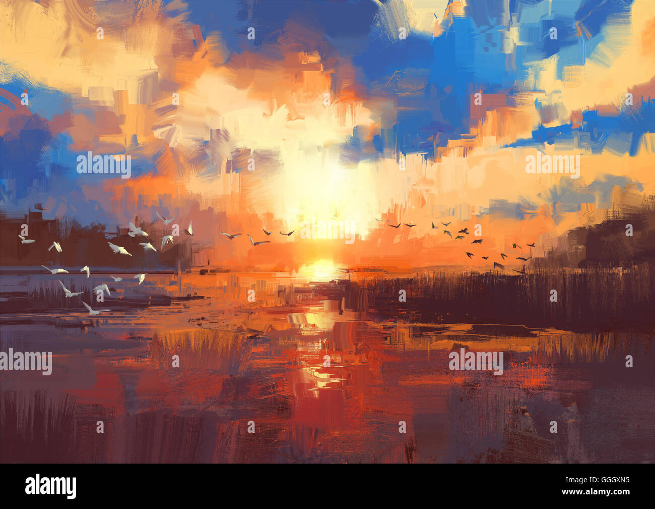 Magnifique tableau montrant le coucher du soleil sur le lac,illustration Banque D'Images