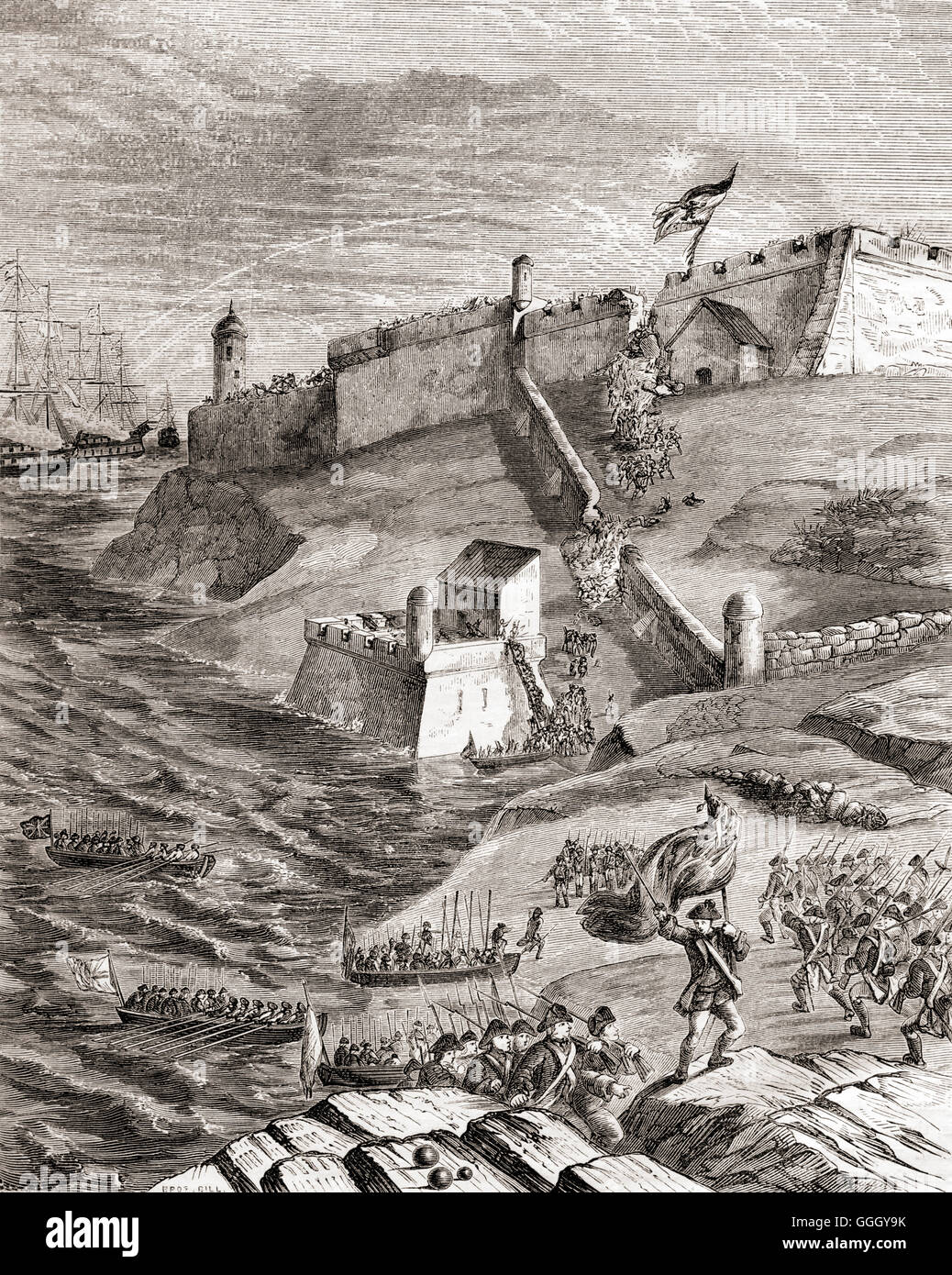 L'assaut de la forteresse El Morro à La Havane (Cuba) en 1762. Banque D'Images