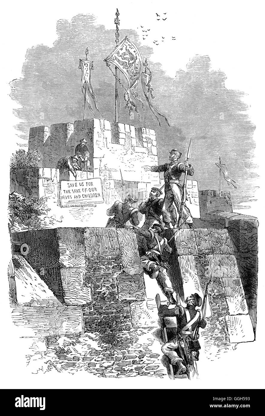 La capture d'Ting-Hae, sur l'île de Chusan au large de la Chine en 1840 au cours de la Première Guerre de l'Opium aussi connu comme la guerre de l'opium et la guerre anglo-chinois. Elle s'est déroulée entre le Royaume-Uni et l'empire Qing sur leurs points de vue contradictoires sur les relations diplomatiques, le commerce et l'administration de la justice pour les ressortissants étrangers en Chine Banque D'Images La capture d'Ting-Hae, sur l'île de Chusan au large de la Chine en 1840 au cours de la Première Guerre de l'Opium aussi connu comme la guerre de l'opium et la guerre anglo-chinois. Elle s'est déroulée entre le Royaume-Uni et l'empire Qing sur leurs points de vue contradictoires sur les relations diplomatiques, le commerce et l'administration de la justice pour les ressortissants étrangers en Chine Banque D'Images