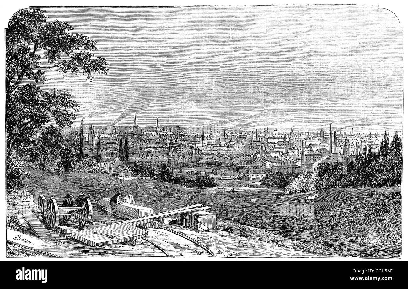 Un 19e siècle vue paysage de Manchester est bordée par la Plaine du Cheshire au sud, les Pennines au nord et à l'Est et un arc de villes avec lesquelles il forme une agglomération continue. Banque D'Images