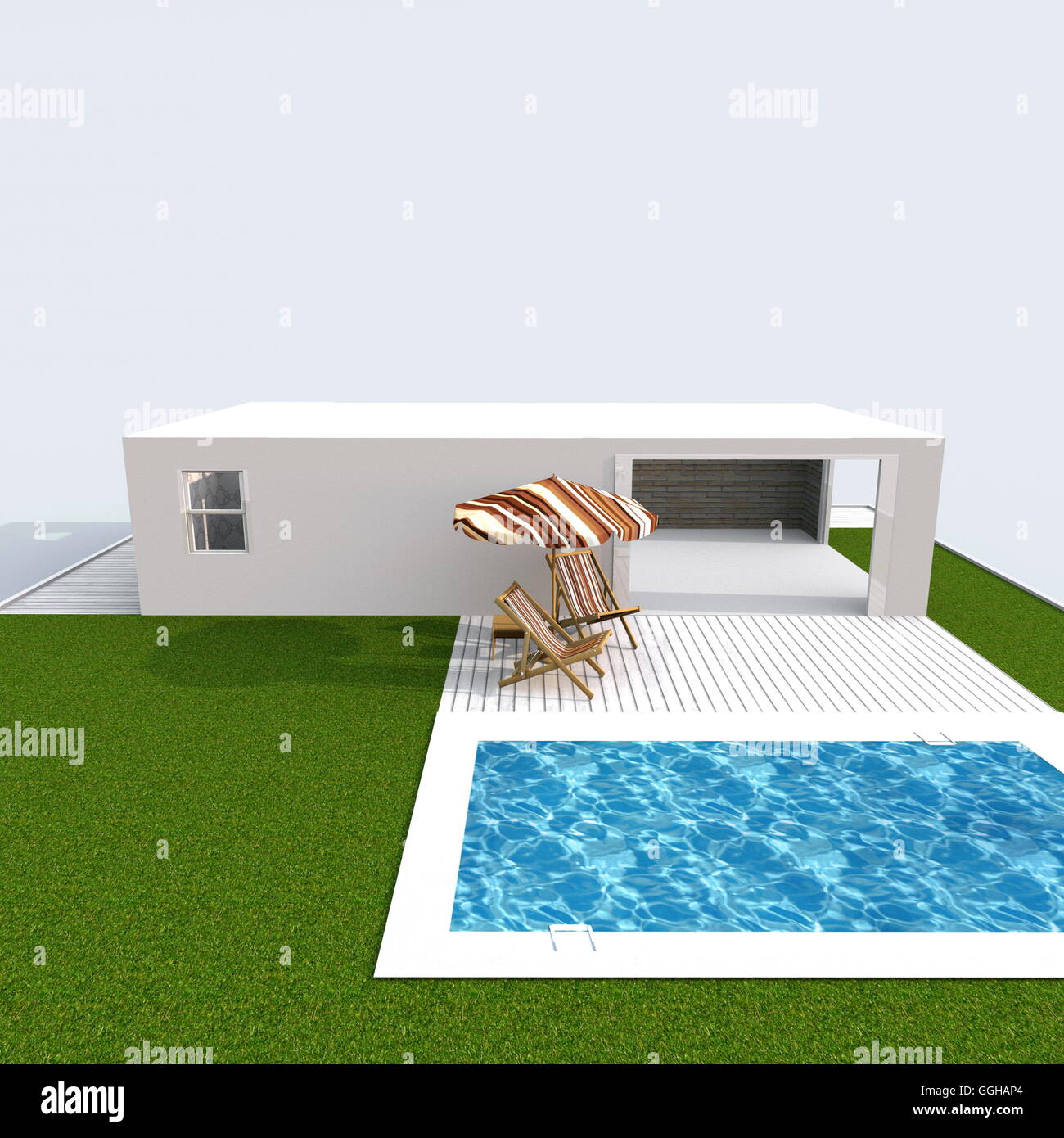 Le rendu extérieur 3d en perspective de vacances accueil appartement avec piscine et jardin vert Banque D'Images