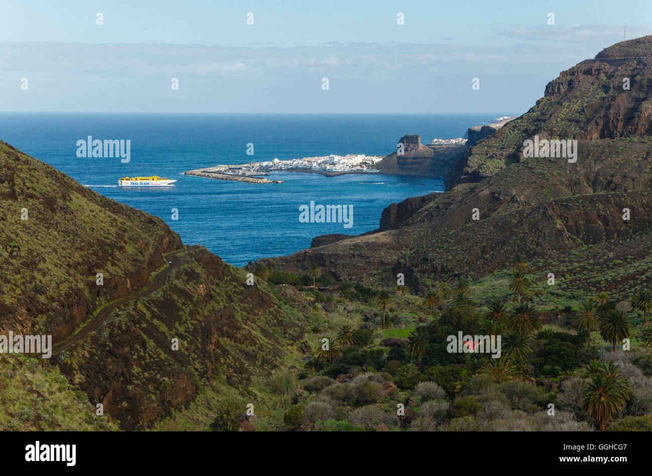 Barranco de Guayedra, ferry et le port, Puerto de las Nieves, près de Agaete, réserve naturelle, parc naturel de Tamadaba, UNESCO Banque D'Images