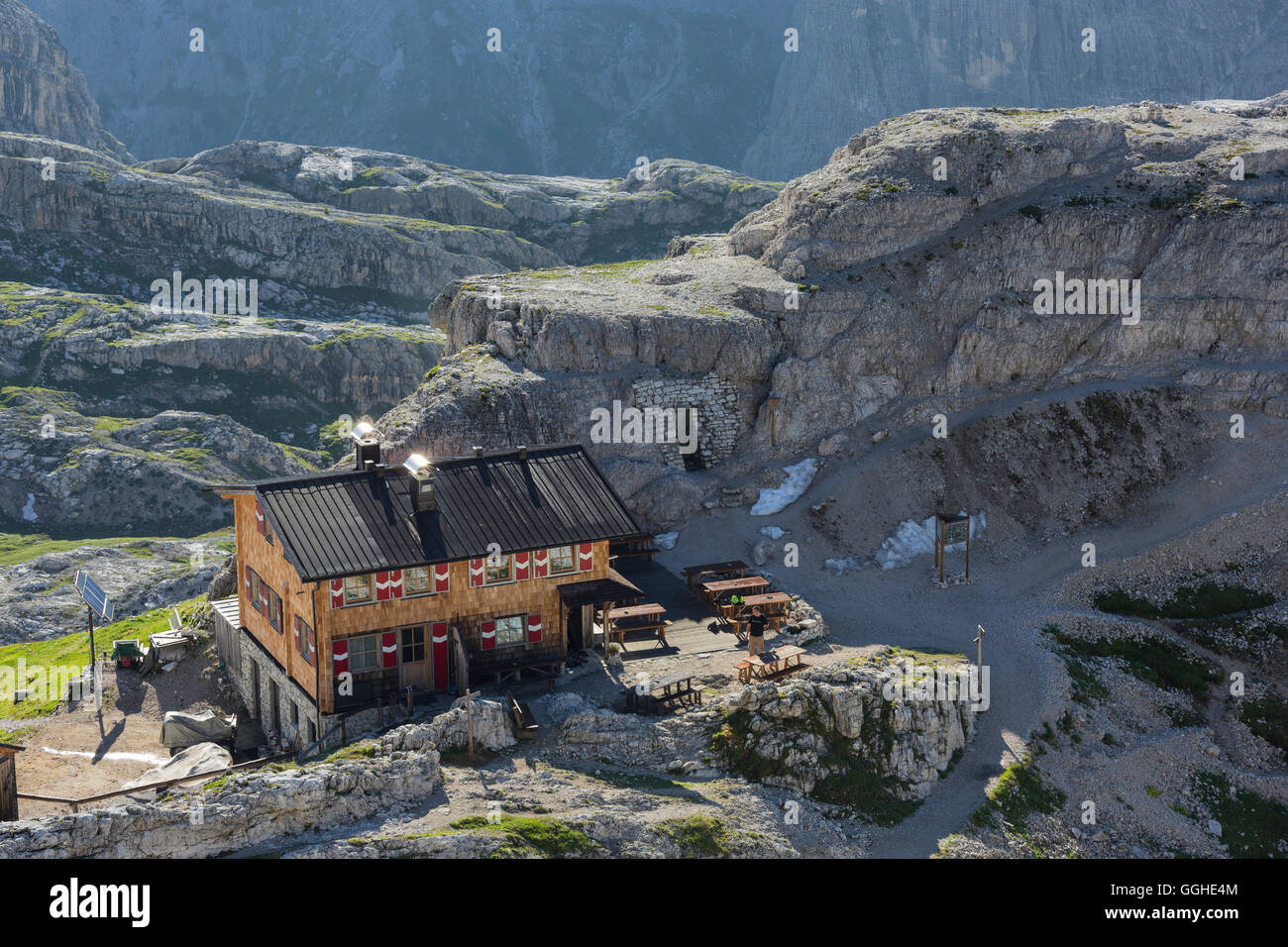 Buellele Joch hutte, Tyrol du Sud, Dolomites, Italie Banque D'Images