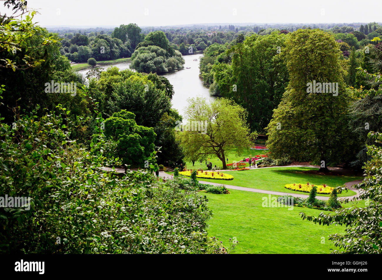 Vue de jardins en terrasse sur la rivière Thames et de Glover's Island, Richmond upon Thames, Surrey, Angleterre, Royaume-Uni Banque D'Images