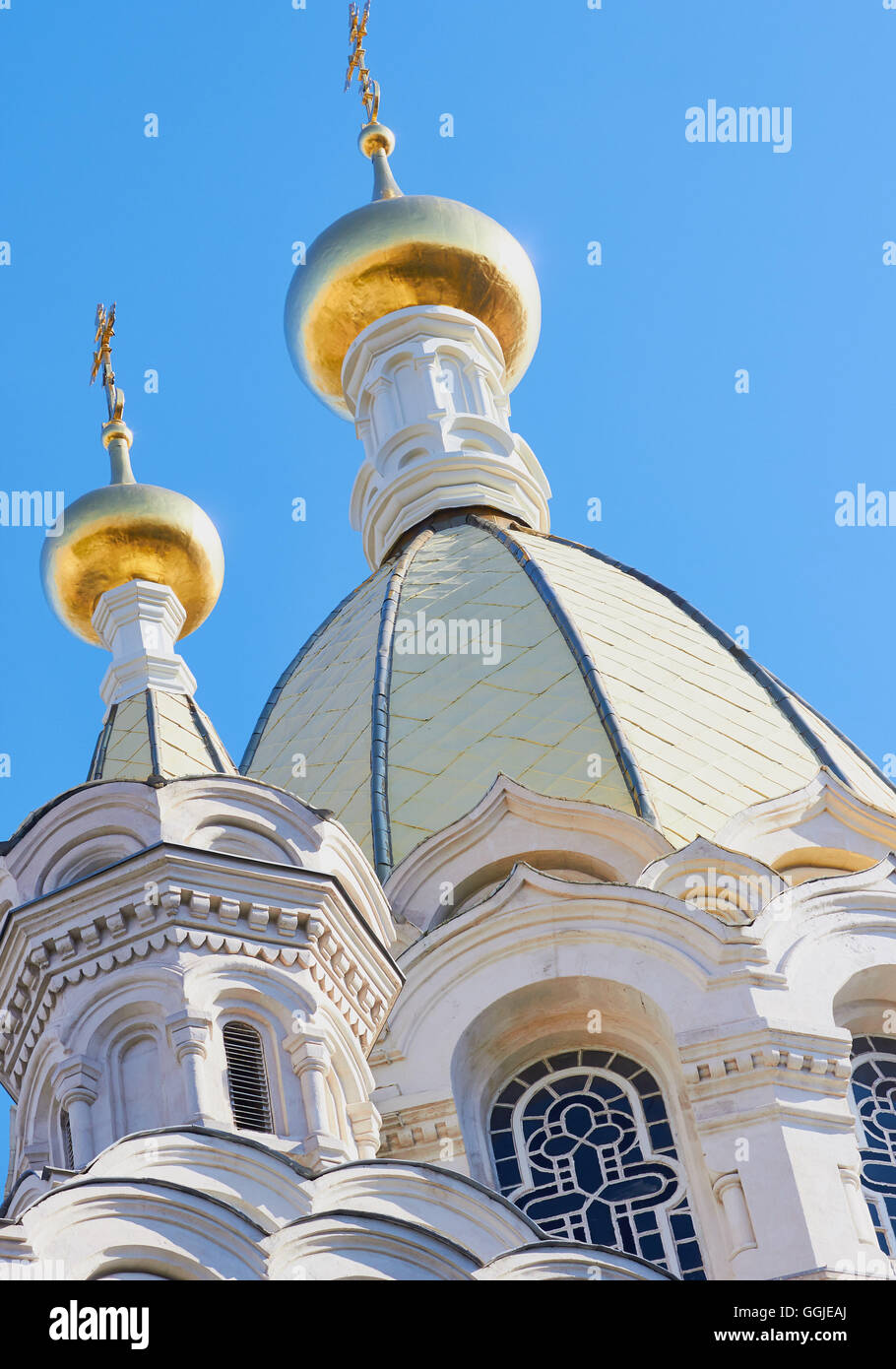 Les dômes de la cathédrale Pokrovsky, rue Bolshaya Marskaya Sébastopol Crimée orientale Banque D'Images
