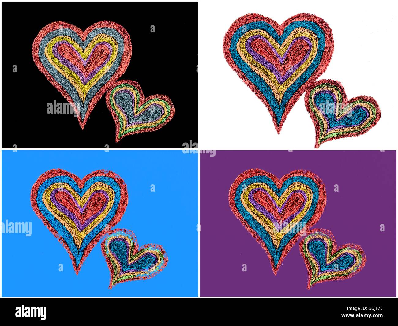 Image conceptuelle de l'amour, avec deux cœurs de forme de couleur vive à proximité l'un à l'autre .Vintage dessin à la main sur le tableau noir, l'amour co Banque D'Images