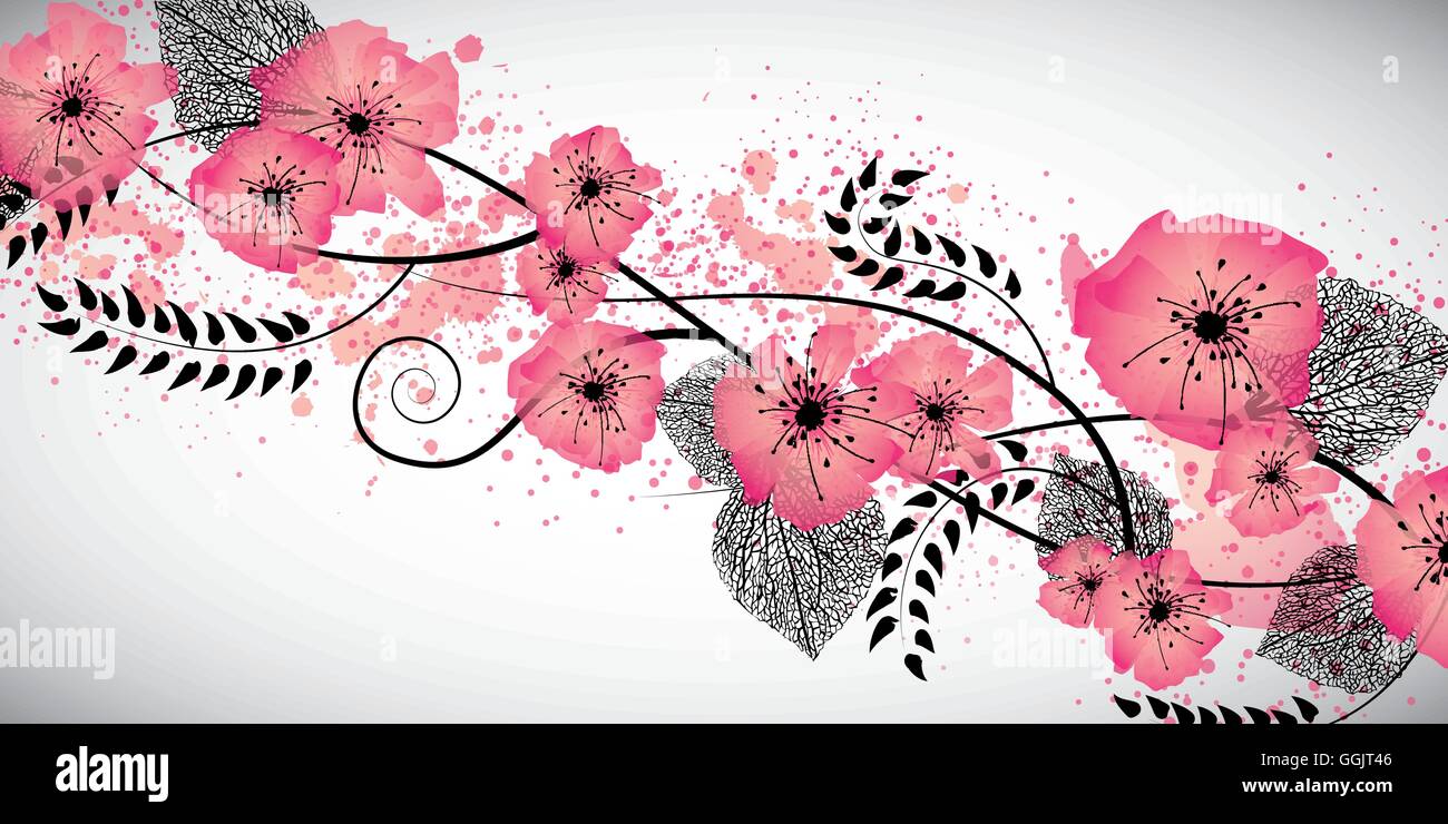 Fleurs et feuilles doux noir vector banner Illustration de Vecteur