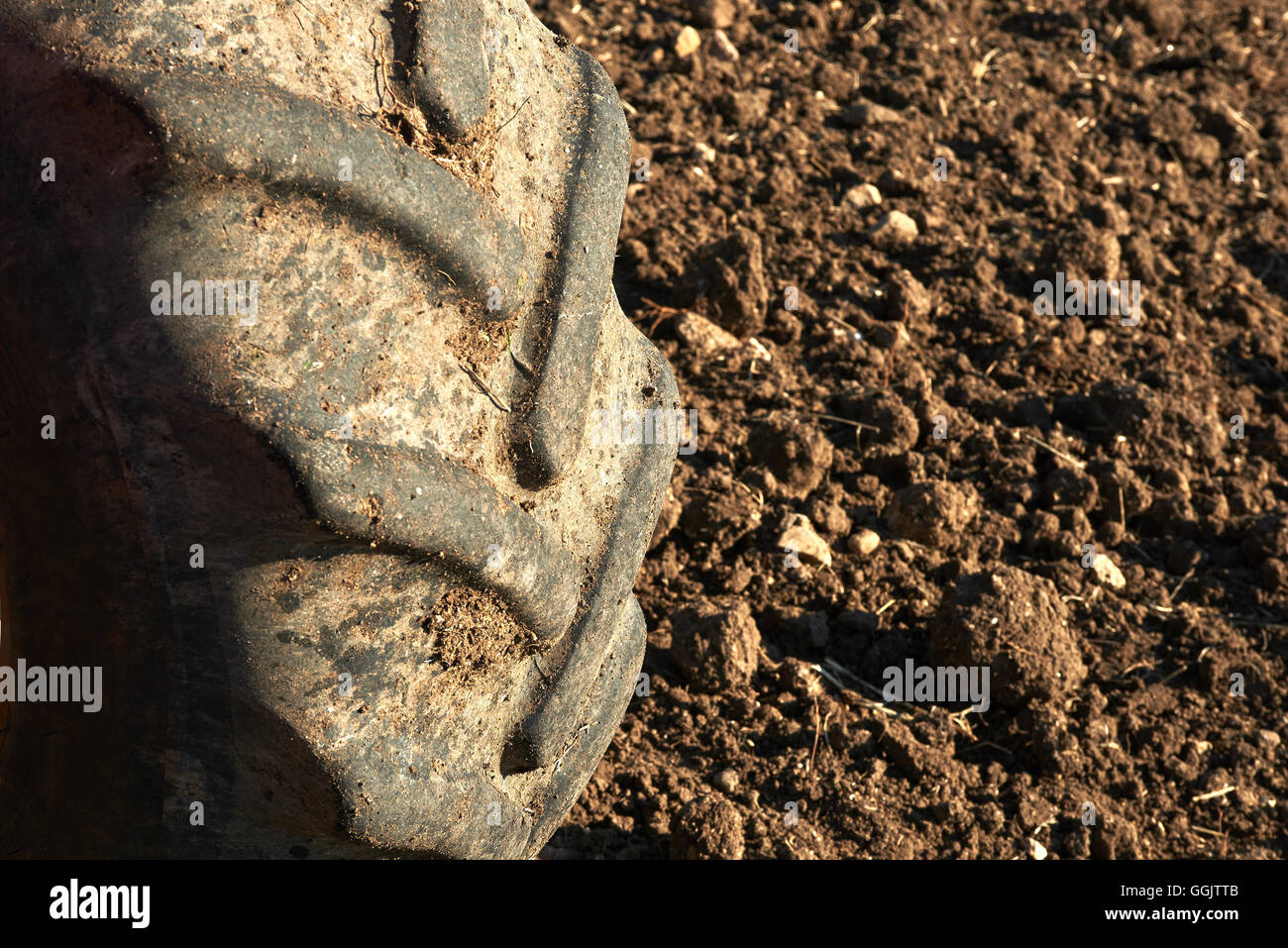 Des roues du tracteur agricole dans les champs Banque D'Images