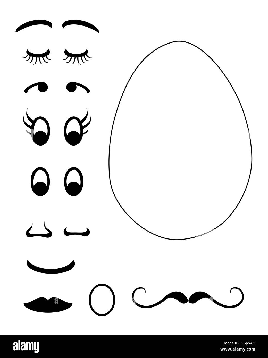 Créer différents œuf de Pâques face avec différentes parties du corps : les yeux, nez, bouche et une moustache. Banque D'Images