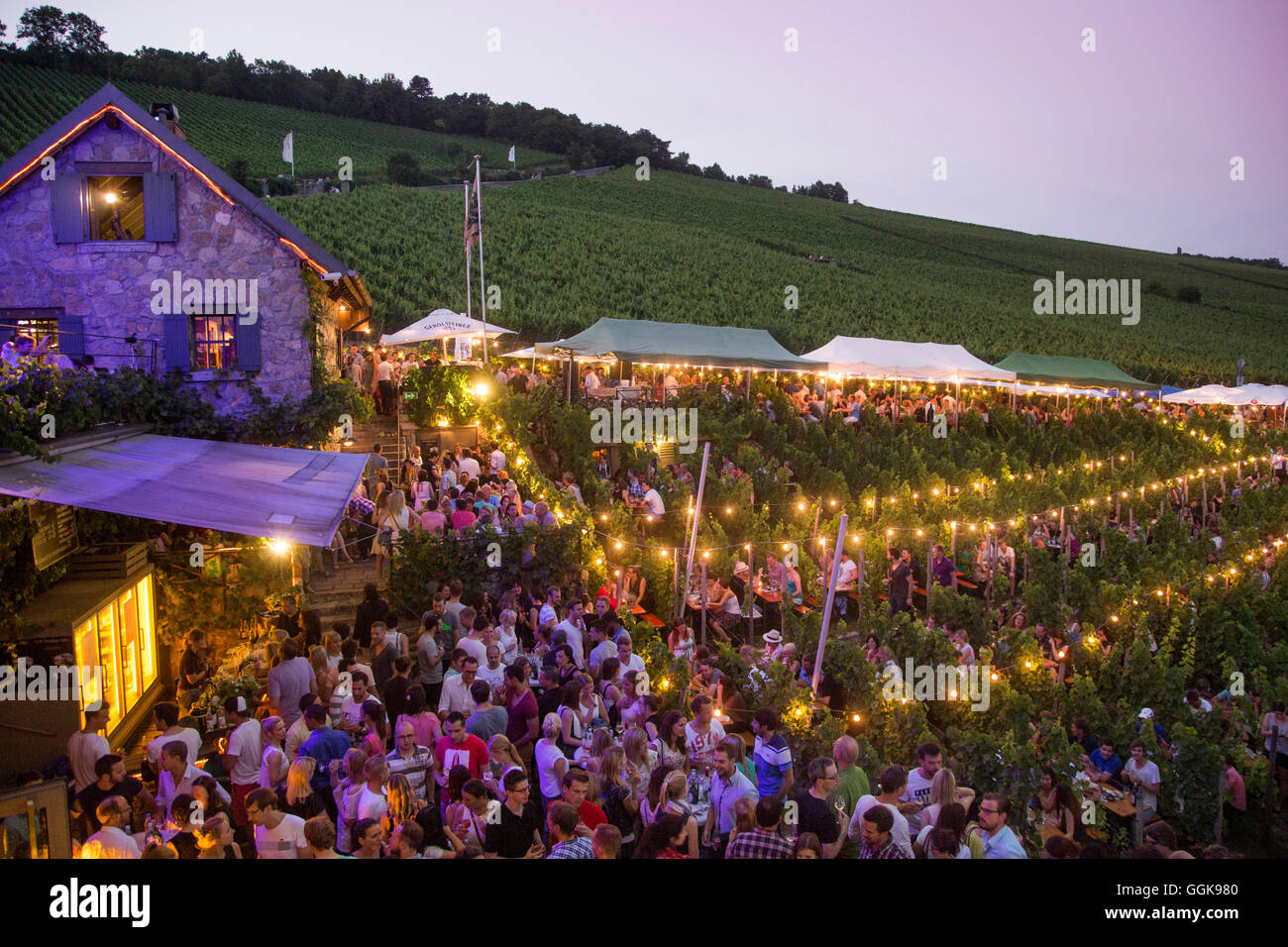 Les gens à Hoffest célébration à Weingut am Stein winery au crépuscule, Wuerzburg, Franconia, Bavaria, Germany Banque D'Images