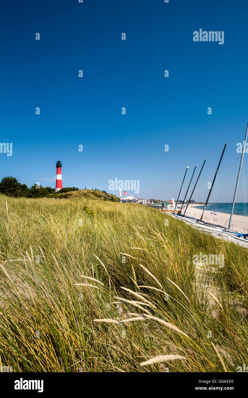 Beach et phare, Hoernum, l'île de Sylt, au nord de l'archipel Frison, Schleswig-Holstein, Allemagne Banque D'Images