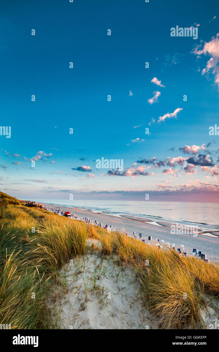 Coucher du soleil, de la plage et des dunes, Wenningstedt, l'île de Sylt, au nord de l'archipel Frison, Schleswig-Holstein, Allemagne Banque D'Images