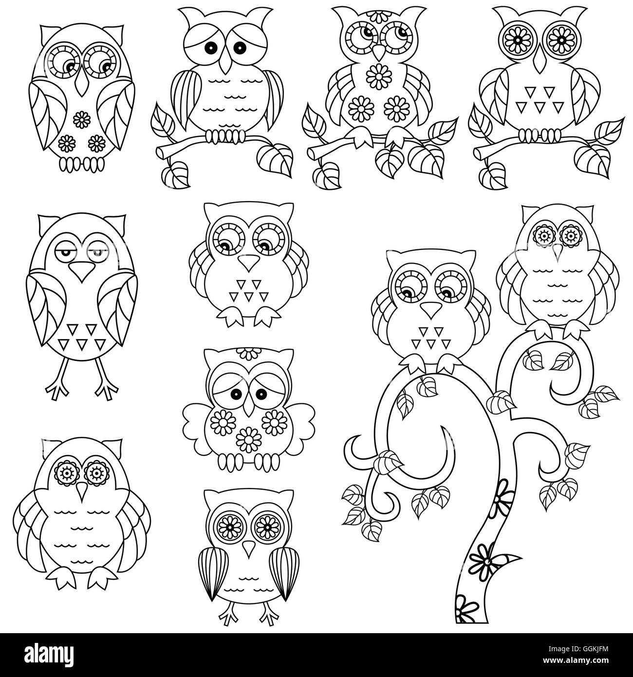 Ensemble de plusieurs plantes ornementales et d'arbres owl décrit isolé sur le fond blanc, cartoon vector illustration enfantine Illustration de Vecteur