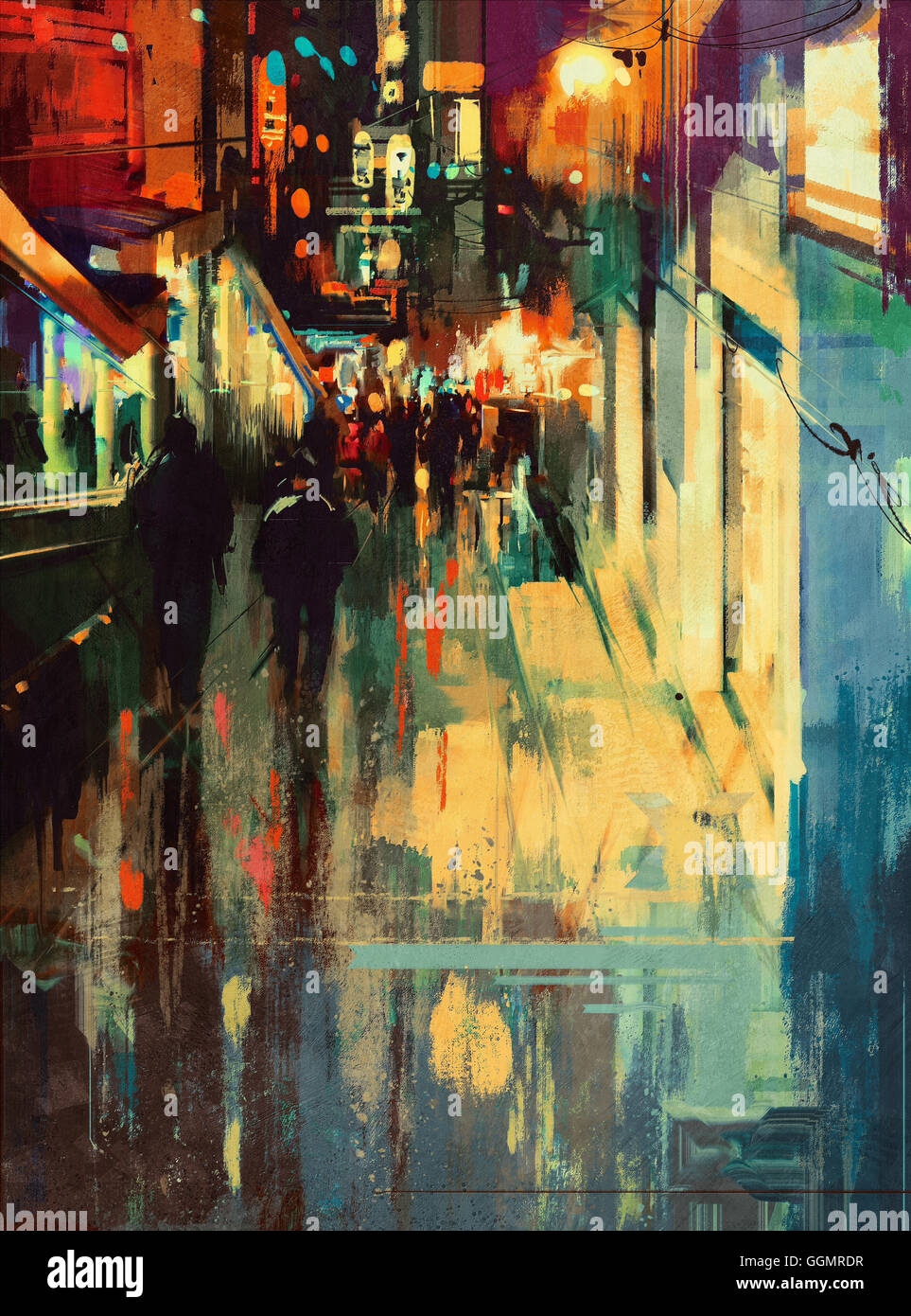 Ruelle colorée la nuit, illustration, peinture numérique Banque D'Images