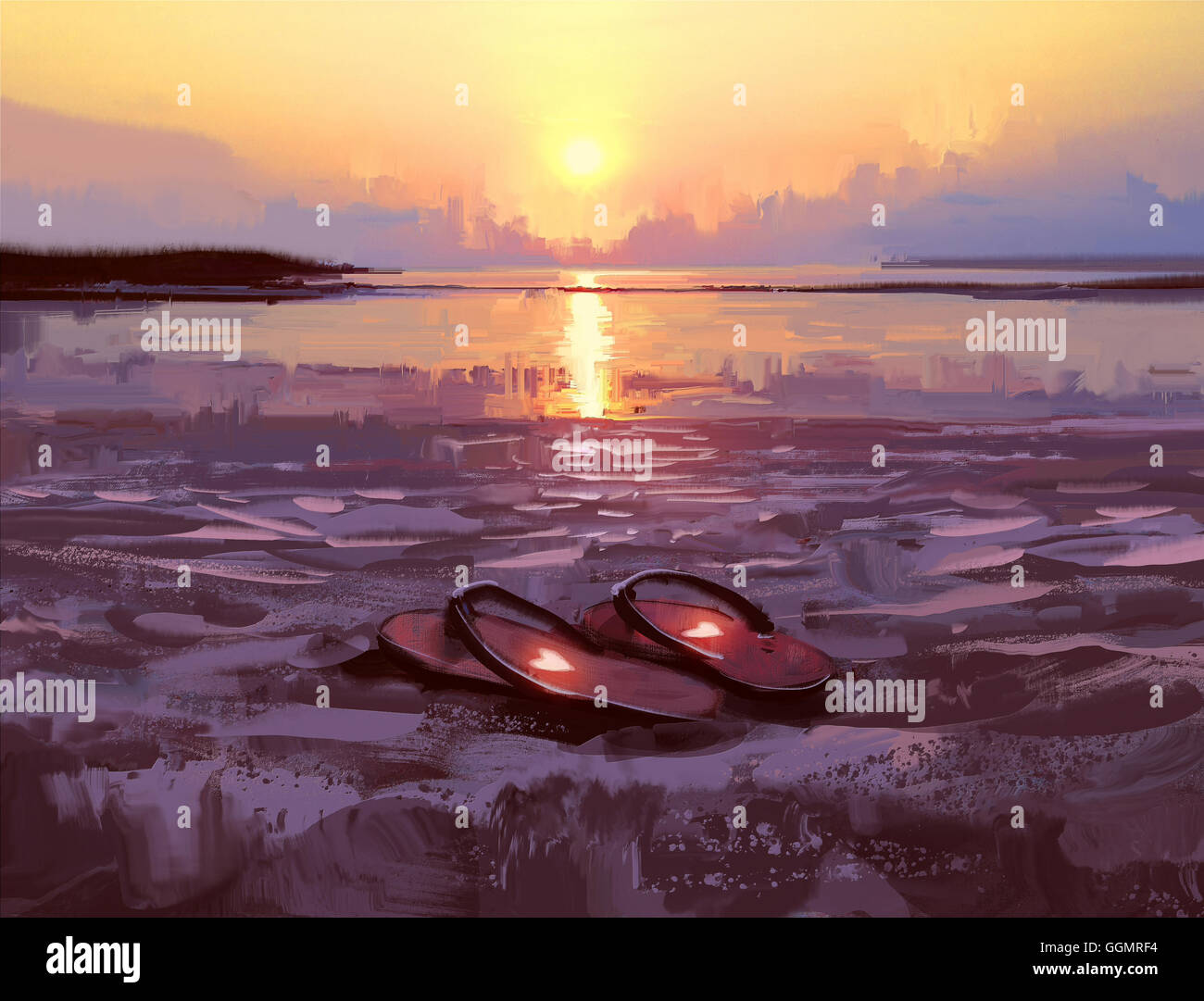 Tongs Avec Jolie Coeur Sur La Plage Au Coucher Du Soleil Peinture Numerique Photo Stock Alamy