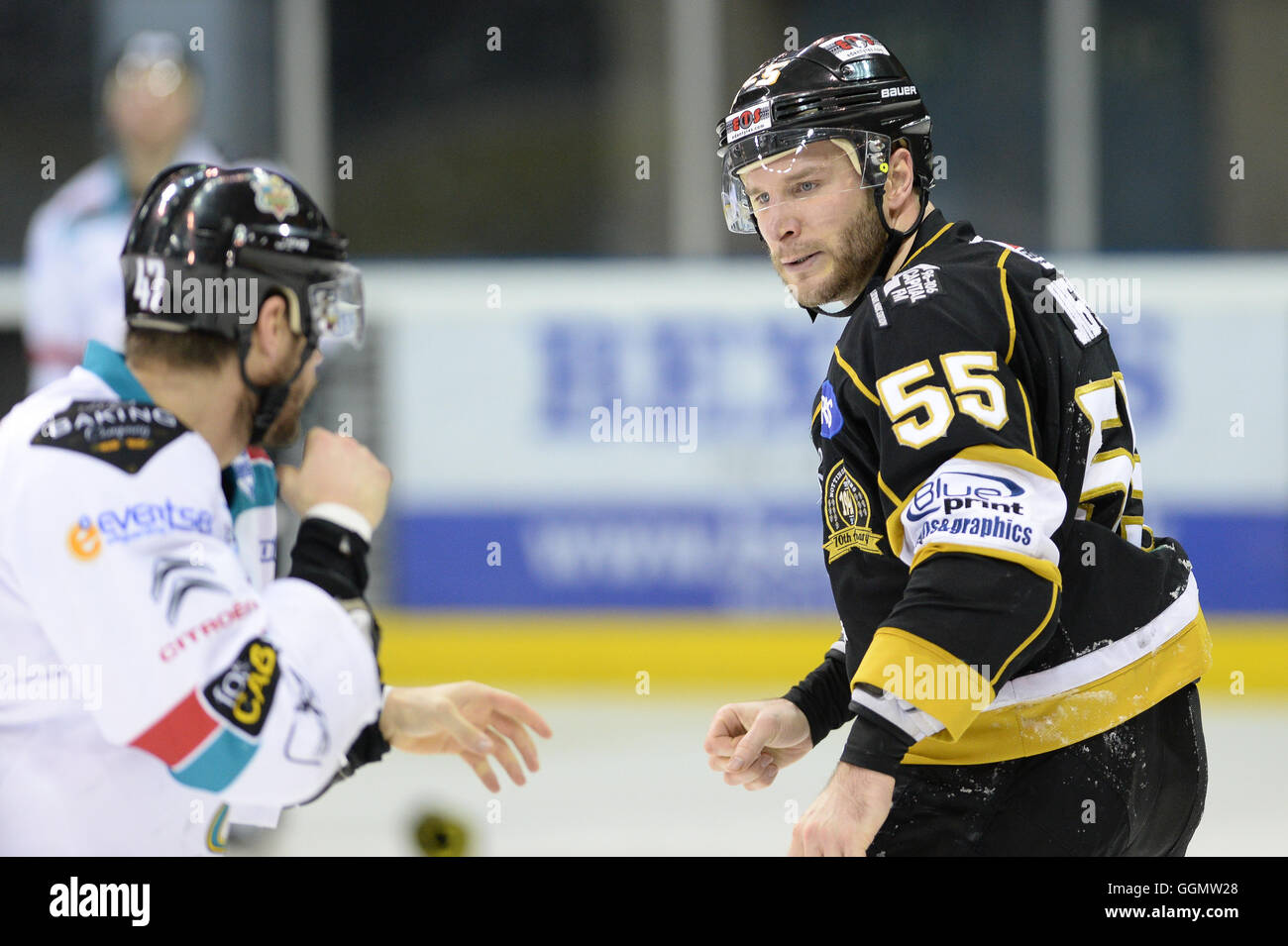 Cam Janssen sqaures jusqu'à Adam Keefe, de la Belfast Giants Banque D'Images