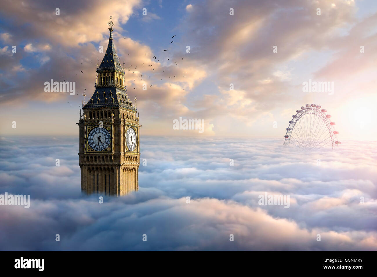 Les oiseaux voleront autour de tour de l'horloge près de la grande roue au-dessus des nuages Banque D'Images