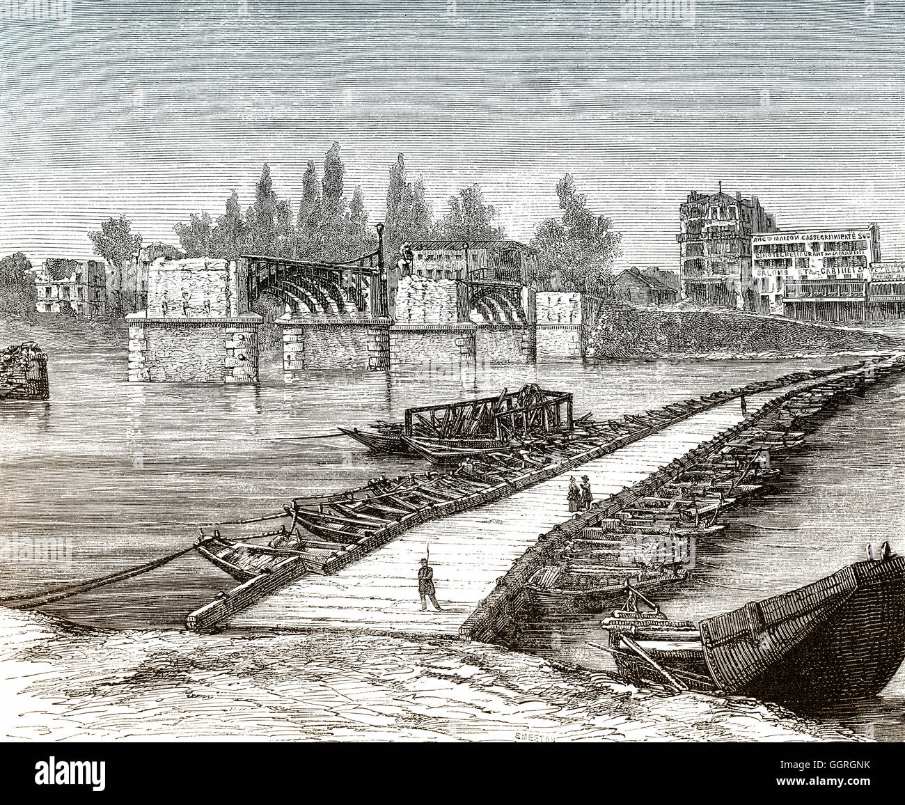 Pont détruit, avec pont de bateaux à quai, Asnières, le siège et la Commune de Paris Banque D'Images