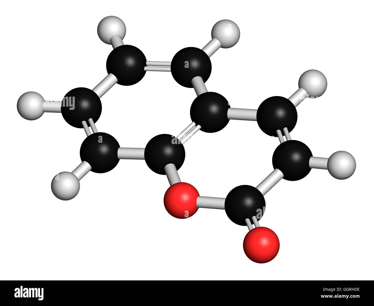 Molécule parfumée aux herbes de la coumarine. Responsable de l'odeur du foin fauché à nouveau. Le rendu 3D. Les atomes sont représentés comme des sphères classiques avec codage couleur : blanc (hydrogène), carbone (noir), l'oxygène (rouge). L'illustration. Banque D'Images