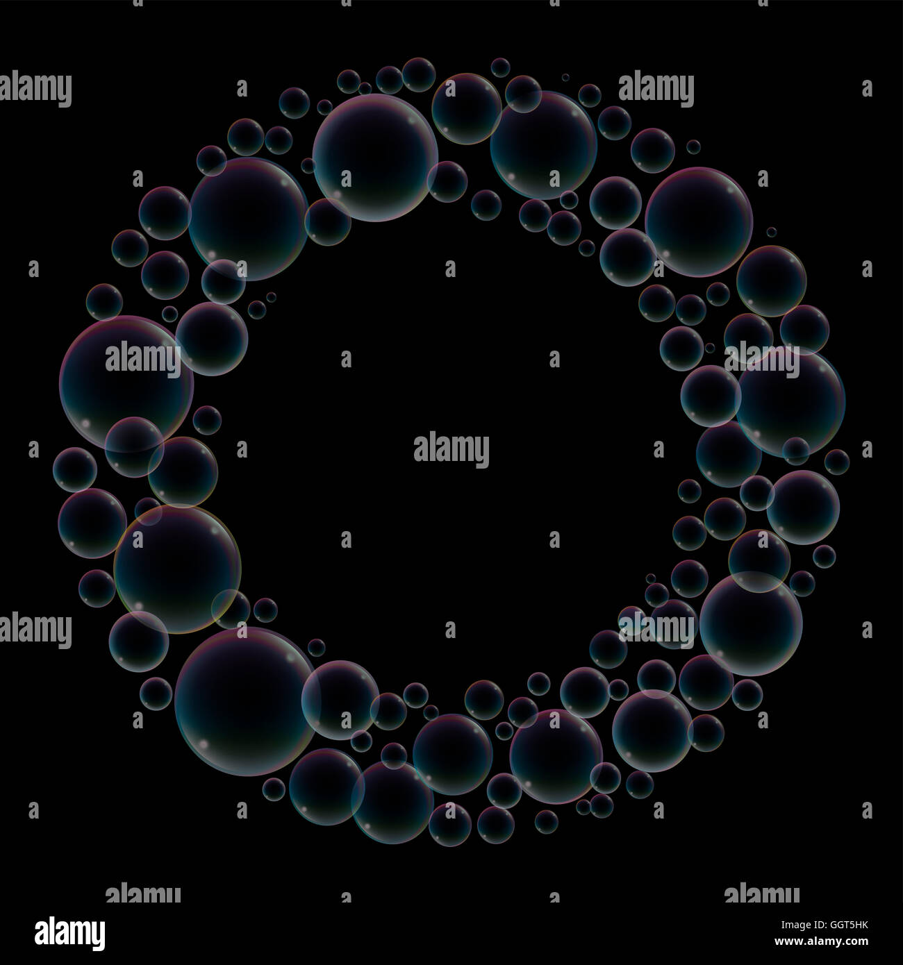 Bubbles - châssis circulaire, fond noir, réaliste illustration tridimensionnelle. Banque D'Images