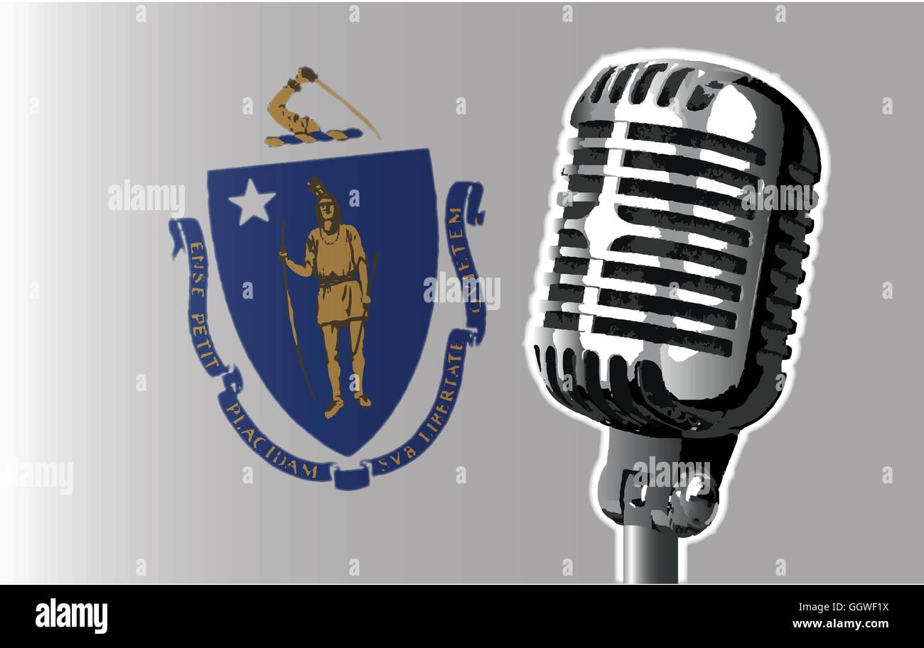 L'état du Massachusetts drapeau avec un microphone de style traditionnel Illustration de Vecteur