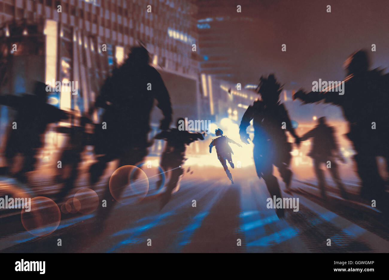 Homme en fuite de zombies dans nuit ville,illustration,peinture numérique Banque D'Images