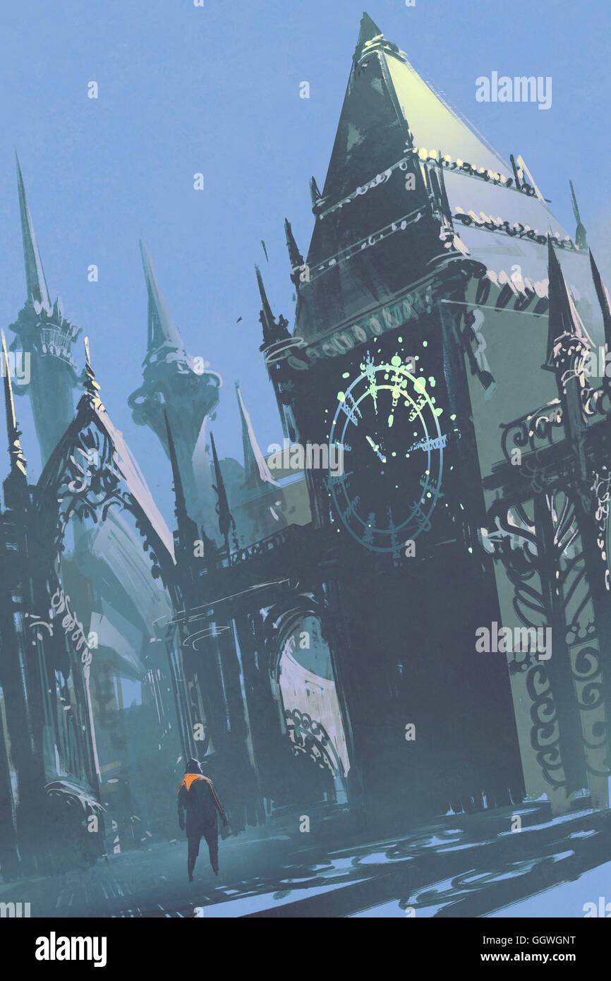 L'homme regardant la tour de l'horloge à sci-fi city,illustration peinture Banque D'Images