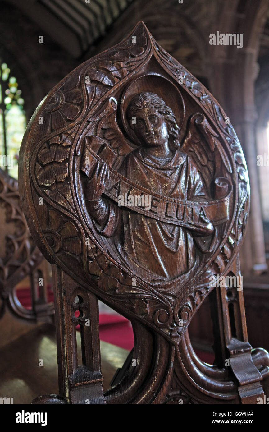St Marys & All Saints Church Gt Budworth intérieur, Cheshire, Angleterre, Royaume-Uni - sculpture sur bois Alleluia Banque D'Images