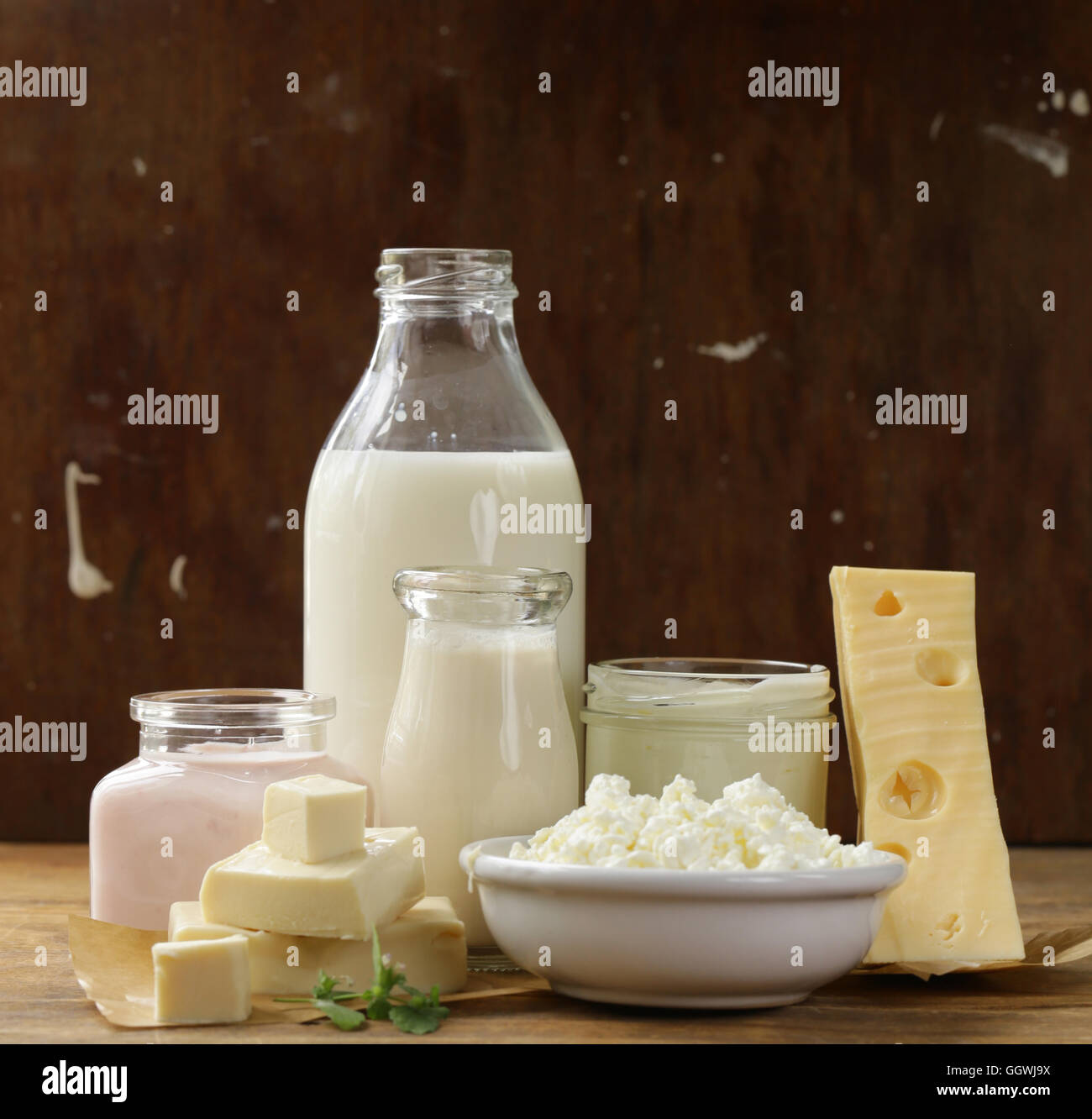 Les produits laitiers biologiques - lait, crème sure, fromage cottage, yogourt Banque D'Images