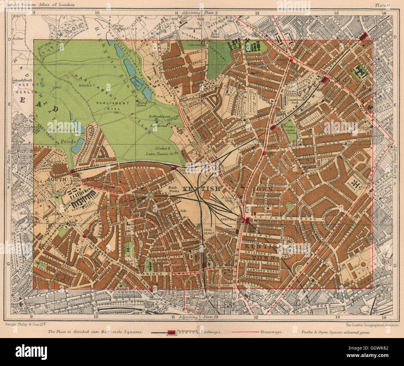 Sw Londres. Hampstead Kentish Town East Highgate Holloway, Tufnell Park map 1932 Banque D'Images