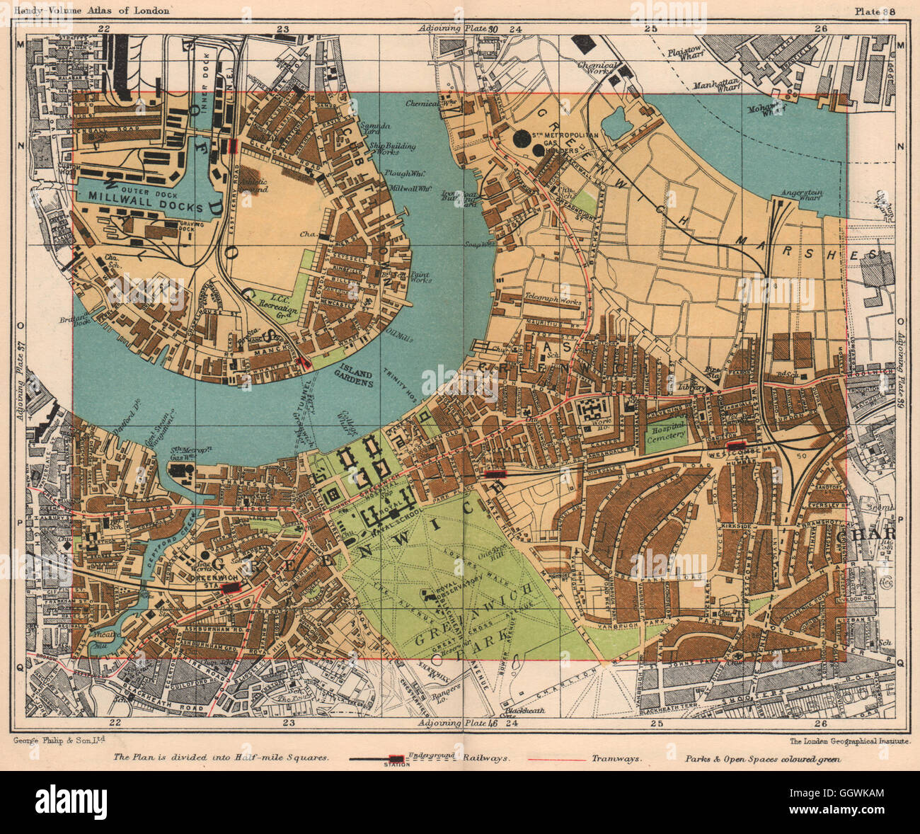 SE DE LONDRES. Millwall Charlton Greenwich Greenwich Isle of Dogs Marais, 1932 map Banque D'Images