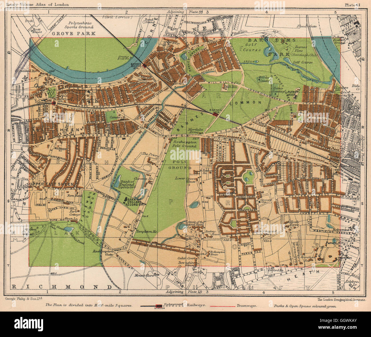 SW Londres. Mortlake Barnes Landing Park East Sheen Richmond Park, Putney, 1932 map Banque D'Images