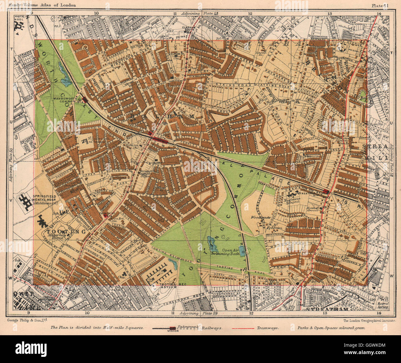 SW LONDON Balham Tooting Streatham Hill commun Wandsworth Brixton Hill, 1932 map Banque D'Images