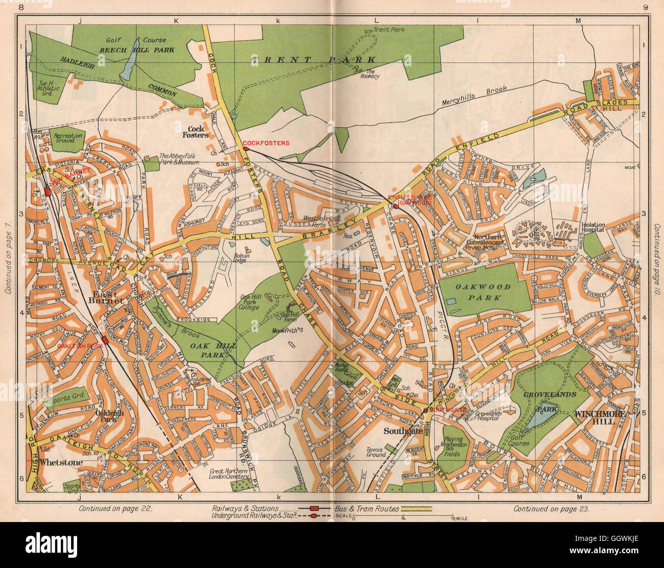 N DE LONDRES. Southgate Cockfosters Oakleigh Park East Barnet Winchmore, 1938 map Banque D'Images