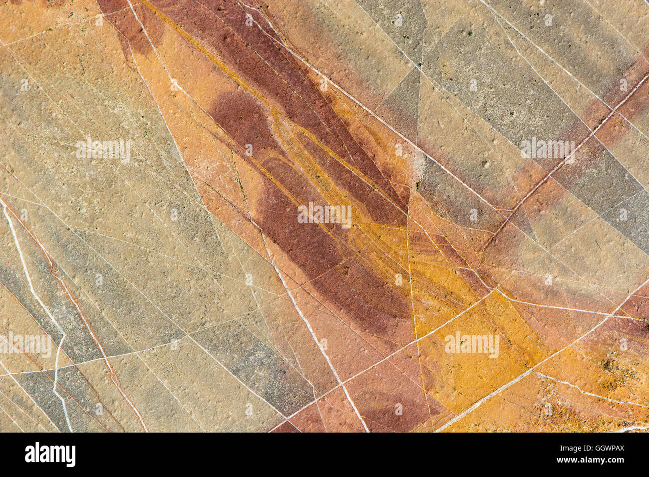 Jaune et rouge fond de roche sédimentaire. Les fissures et les caractéristiques géologiques colorées en grès sur la côte ouest de l'Angleterre Banque D'Images