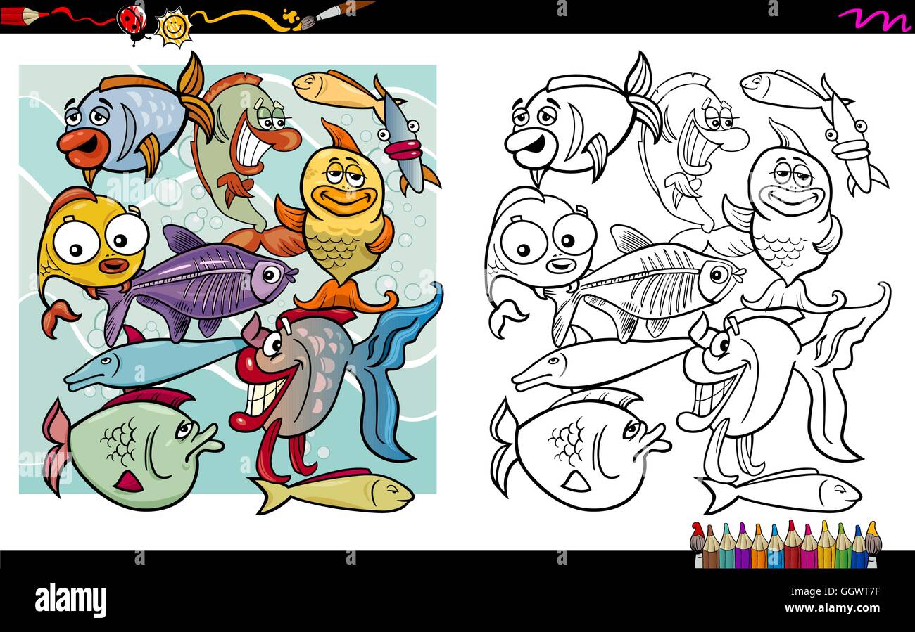 Cartoon Illustration de l'activité de coloriage Personnages Poissons Illustration de Vecteur