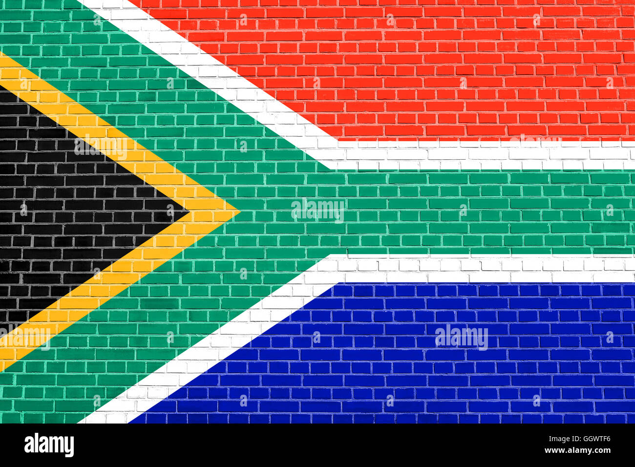 Pavillon de l'Afrique du Sud, le mur de briques texture background. Drapeau national d'Afrique du Sud. Banque D'Images