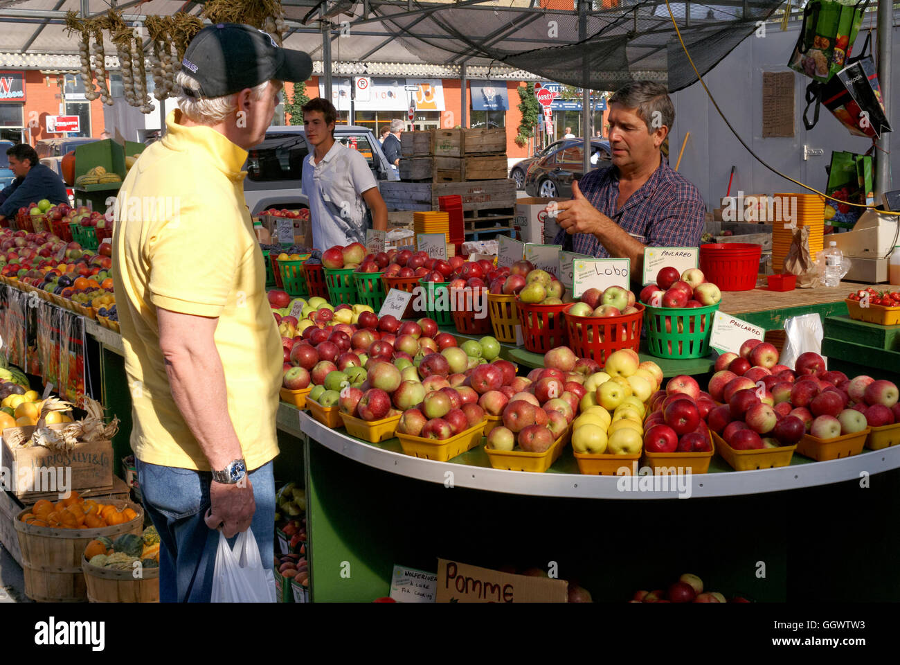 En parlant à un client fournisseur Apple au Marché Atwater ou Marché Atwater, Montréal, Québec, Canada Banque D'Images