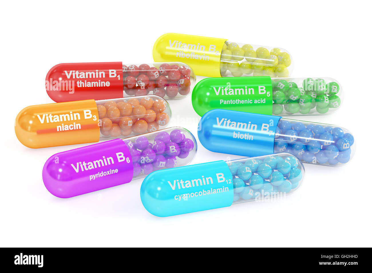 Série de capsules de vitamine B1, B2, B3, B5, B6, B7, B12. Le rendu 3D isolé sur fond blanc Banque D'Images