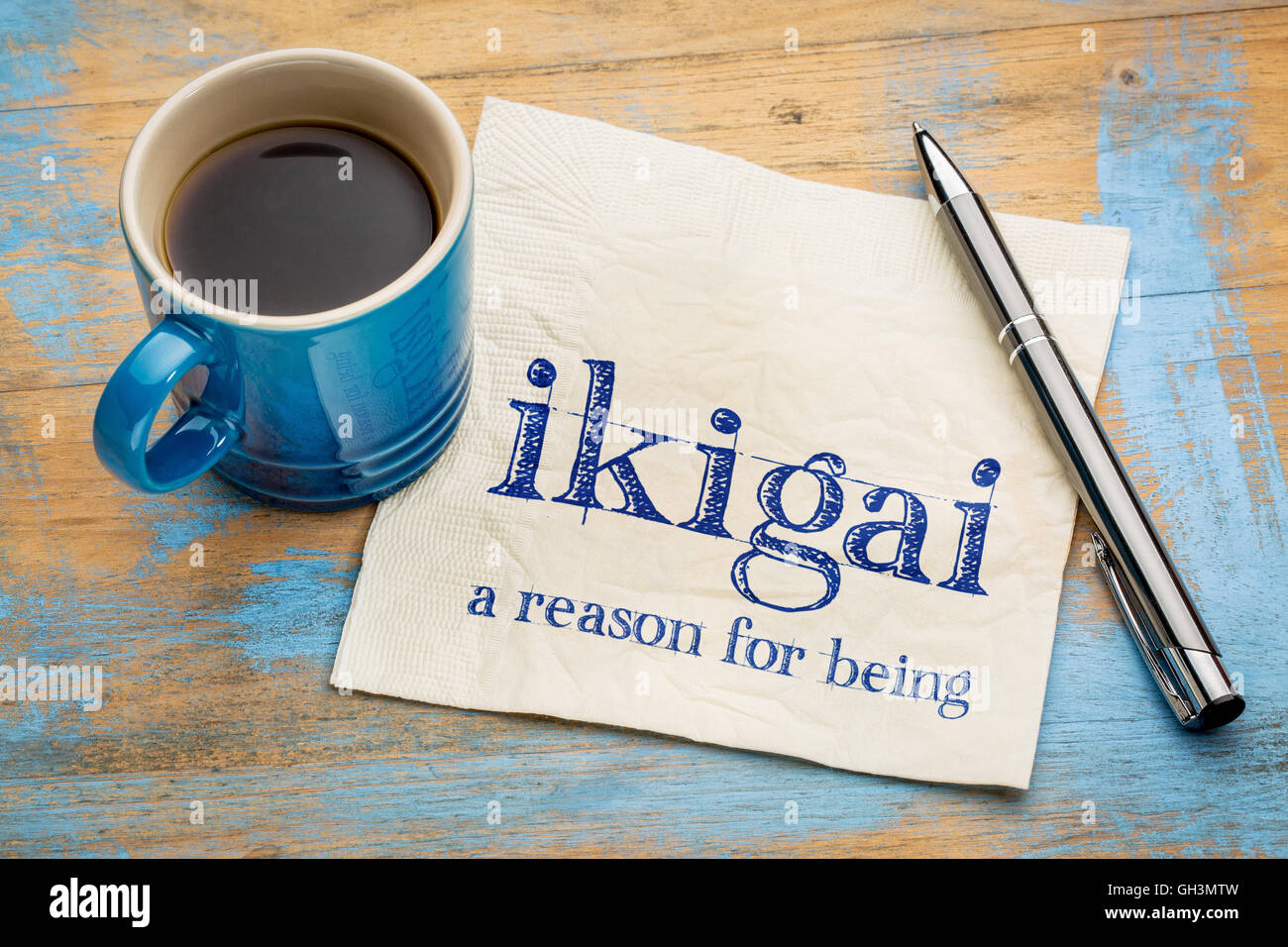 Ikigai - concept japonais - une raison d'être ou une raison de service - écriture sur une serviette avec une tasse de café expresso Banque D'Images