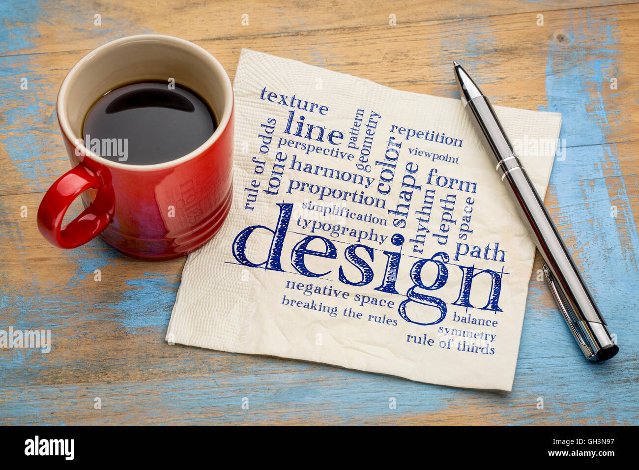 Éléments de conception et règles - un nuage de mots - écriture sur une serviette avec une tasse de café Banque D'Images
