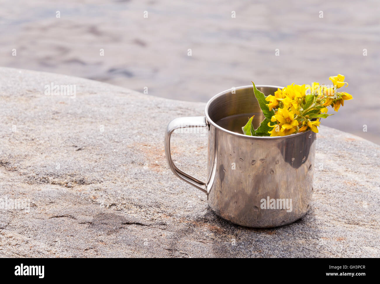 Mug en acier inoxydable sur la pierre près de l'eau sur fond nature Banque D'Images