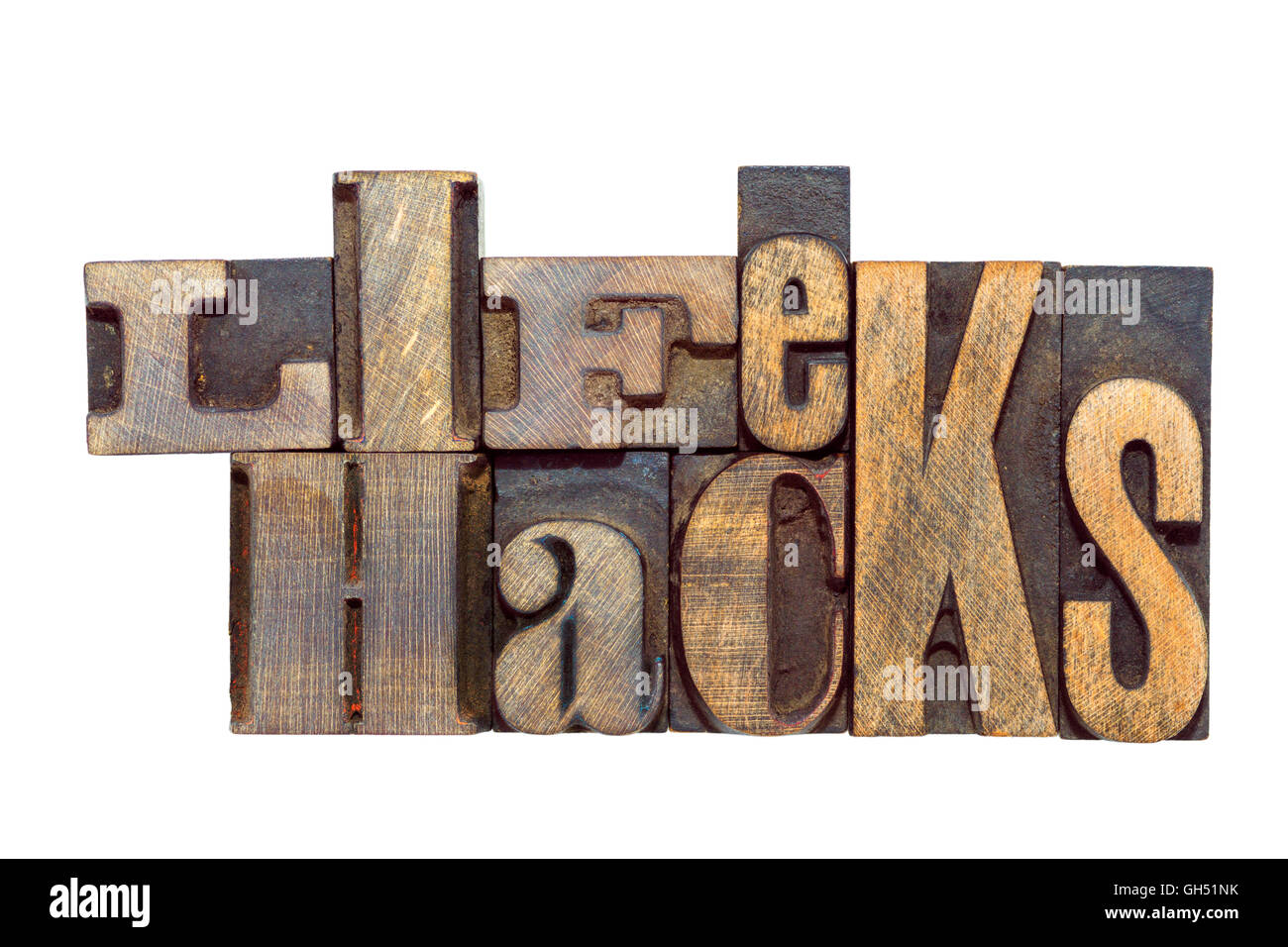 Life hacks expression fabriqués à partir de bois mixtes de type typographique isolated on white Banque D'Images