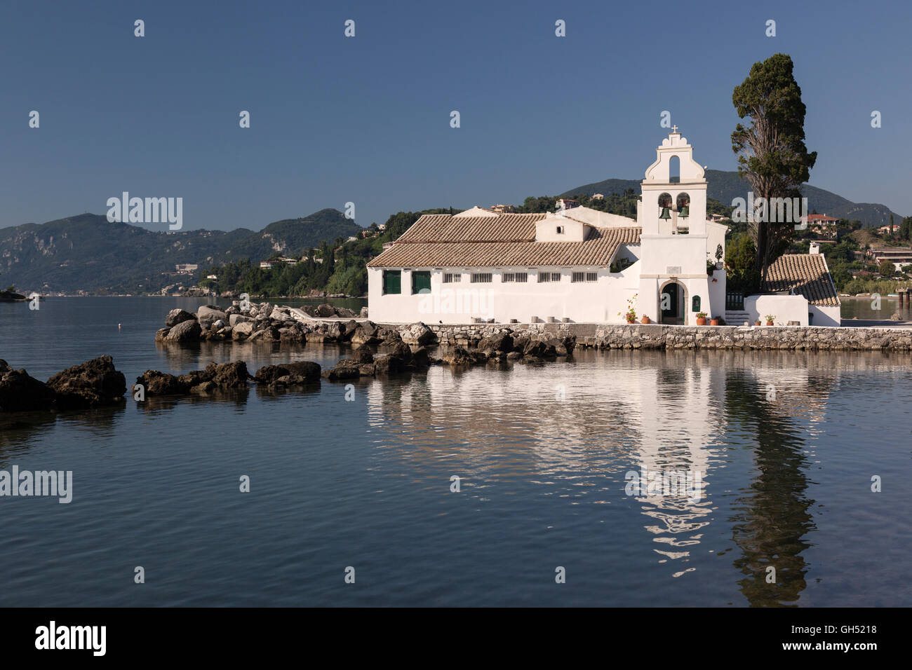 Gros plan du monastère de Panagia Vlacherna, îles Ioniennes, Corfou, Grèce Banque D'Images