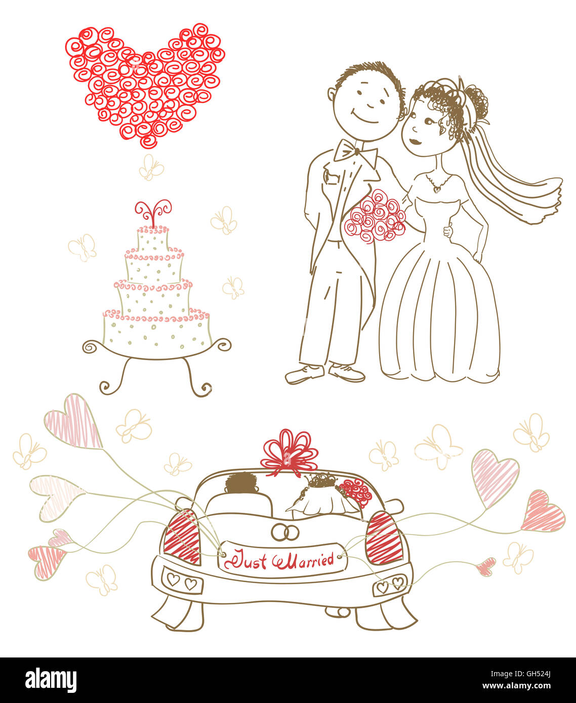 Gâteau de mariage avec des papillons,heureux mariés, coeur en roses, récemment mariés sur location, des ballons Banque D'Images