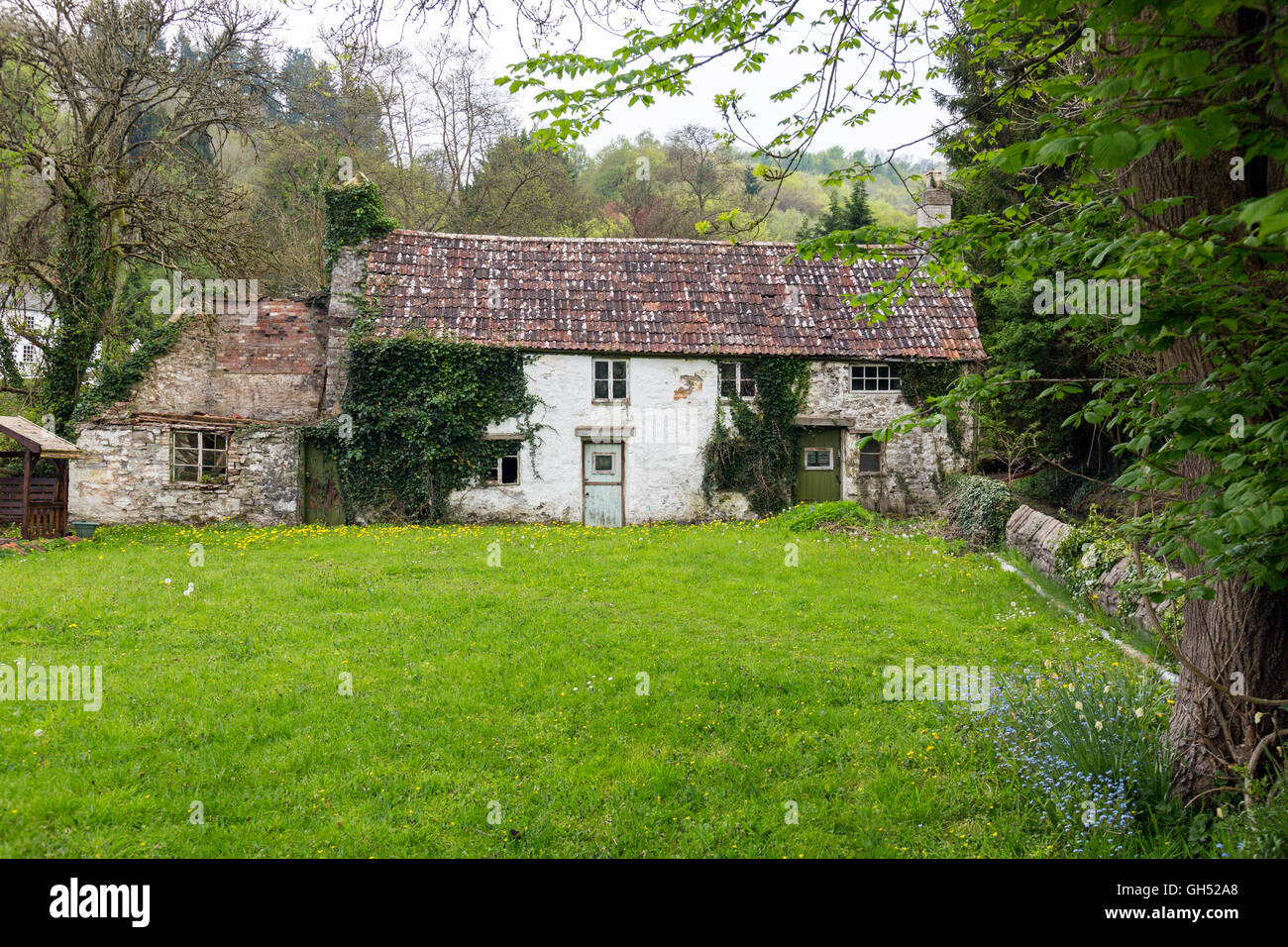 L'abandon d'un cottage dans le village de Tintern sur la rivière Wye, Monmouthshire, Wales, UK Banque D'Images