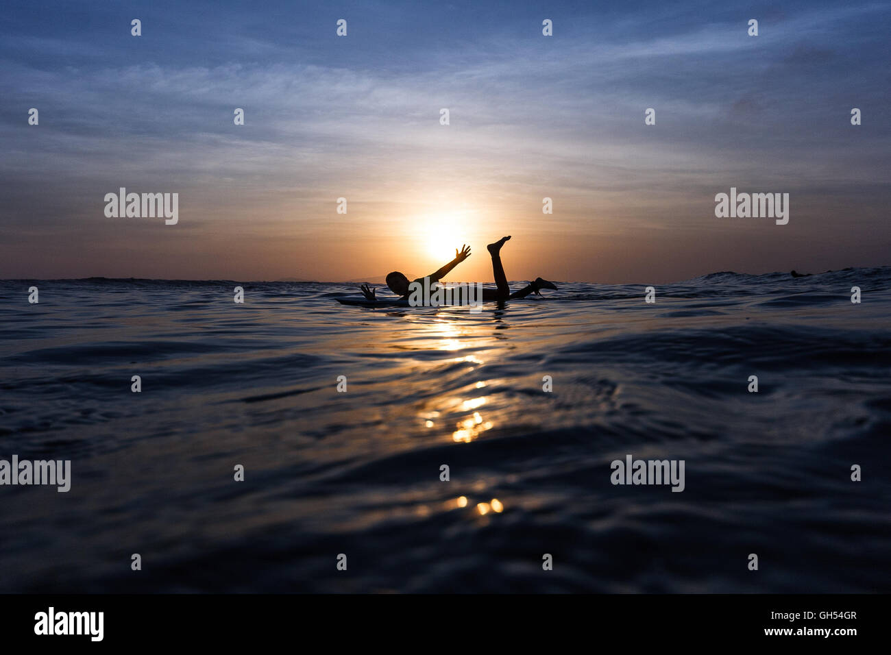 Surfer allongé sur le surf en disant bonjour avec sa main au coucher du soleil Banque D'Images