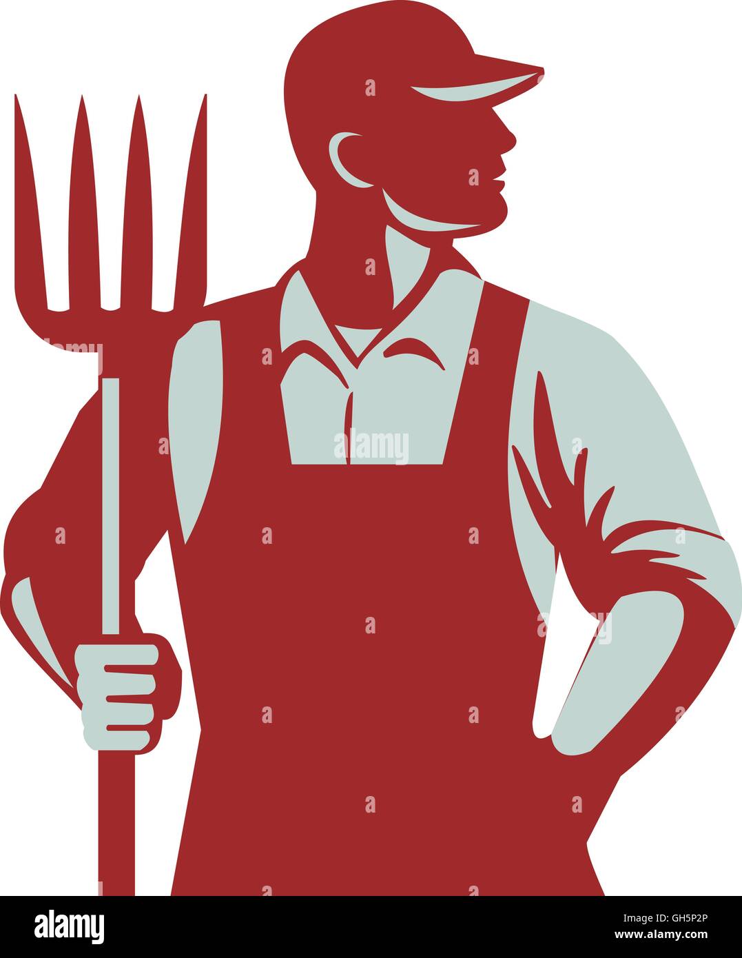 Illustration de l'organic farmer holding pitchfork à la recherche sur le côté avec une main dans la poche vu de l'avant ensemble sur des Illustration de Vecteur