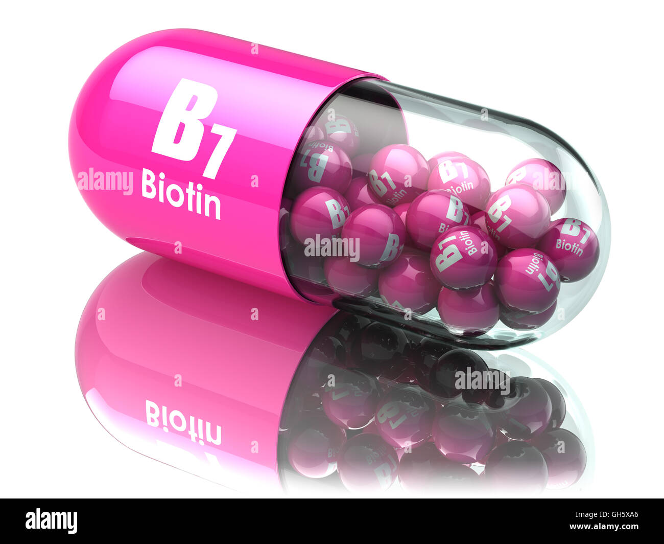 Capsule de vitamine B7. Comprimé avec la biotine. Les suppléments alimentaires. 3d illustration Banque D'Images